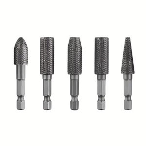 5pcs Hex Shank Rotary Steel File Set Dark Gray Durable Carbon Steel for Drilling Grinding Sanding & Engraving