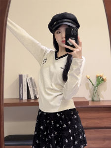 Shoulder V Neck Long Sleeves T-Shirt Female Sweet and Spicy Early Autumn Thin Type Silm Slim Looking Waist Trimming Short Inner Bottoming Shirt Tops Female