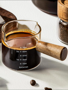 KINGREADY 75ml แก้ว ตวงกาแฟ 2ปาก ด้ามไม้ มีขีดวัดระดับ