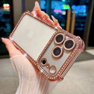Four-Corners Bling Diamond Clear Case For iPhone 17 16 15 14 13 Pro Max Glass Camera Protection Transparent Plating Soft Cover
