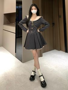Slimming A-Line Dress with Navy Collar And Lace Trim Korean Style Spring Fashion for plus Size Women Mid-Length Long Sleeve