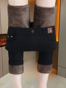 Womens Winter Thickened Fleece Lined Slim Fit Jeans Pants High Waist Elastic Stretchy Cotton Pencil Pants Tummy Control