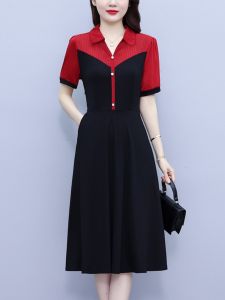 Elegant Fake Two-Piece Dress Womens Mid-Length Short-Sleeve Knee-Over plus Size A-Line Skirt Korean Style Commute Dress