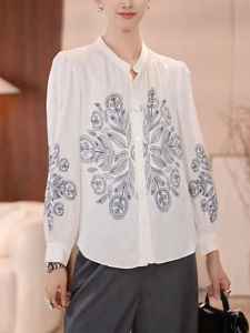 QINGNAER | Elegant Retro Big Size Womens Embroidery Flowered Lantern Sleeve Loose Feeling Shirt