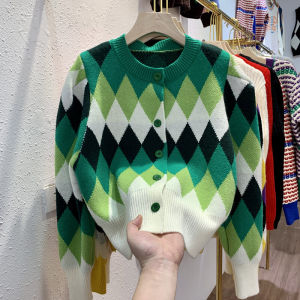 เสื้อคาร์ดิแกนถักลายสก็อตหนาสำหรับผู้หญิง ฤดูใบไม้ร่วง/ฤดูหนาว สไตล์เกาหลี กระดุม แฟชั่น เสื้อถัก แขนยาว ปกติ