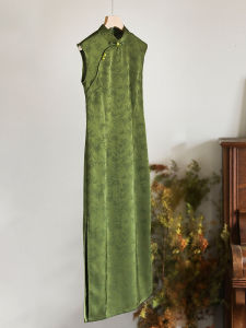 Elegant Green Cheongsam Dress Slimming Exam Delivery Chinese Style Long Qipao Gown Beautiful Floral Pattern for Young Women