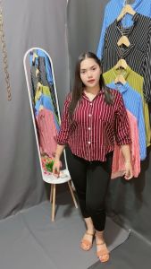 kemeja salur rayon premium atasan wanita kekinian oversize lengan balon baju salur motif garis-garis panjang