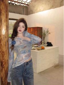 Áo Thun Dài Tay Phong Cách Mỹ Cổ Điển Mùa Hè Cho Nữ Áo Thun Dệt Kim Mỏng Không Đều Thắt Nơ Thiết Kế Ôm Vừa Vặn Áo Thun Cotton Thường Ngày