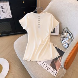 French U-neck Knitted Ice Silk Short Sleeve T-shirt Women Summer Large Size Elegant Drawstring Top Korean Style Loose Fit