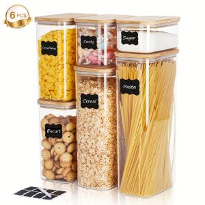 6 Pcs Airtight Food Storage Containers with Bamboo Lids for Kitchen Organization PET Canisters Are Ideal for Pasta Sugar
