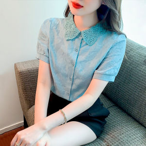 Summer Wear 2024 New Arrival Jacquard Embroider Pure Cotton Shirt Womens Short Sleeve Cotton Blouses White Tops Western Style