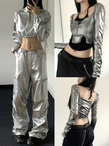 New Womens Jazz Hip Hop Dance Costume Long Sleeve Bright Silver Performance Street Dance Outfit Group Wear Chinese Manufacturer