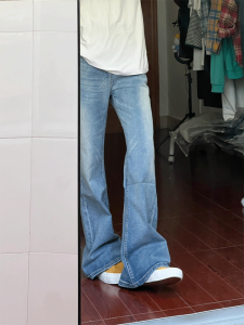 สีฟ้าอ่อน Washed Slim Straight ผู้หญิง บาง ดีไซน์ หลวม พรางหุ่น ความยาวพื้น กางเกงยีนส์ สูง เอว ปิดปุ่ม