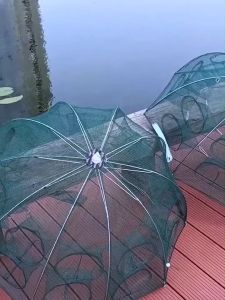 Mitsushi Folding Umbrella Fish Net 4 Hole Shrimp Cage Saltwater Cast Fish Net Crab fishing gear Crab Fish Trap Folding Umbrella Net Fish Trap Cast Shrimp Fishing Tool