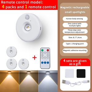 1~6Pack LED Night Lights PIR Motion Sensor Type-C Rechargeable Spotlight 3 Color Wireless Night Lamps for Home Corridor Bedroom