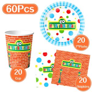 Hasbro | 60Pcs Cartoon Elmo Disposable Tableware Set for Kids Baby Shower Birthday Party Includes Paper Cups Plates Napkins Decor Kit