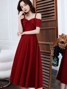 Red Wedding Dress Evening Gown for Women Engagement Party Wear Small Size High Waist Polyester Fabric Zipper Style One Shoulder