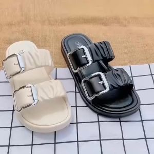 Dép nữ 2 quai ngang nhúm khóa vuông đế bánh mì cao su thời trang chống trượt - iDép DL274