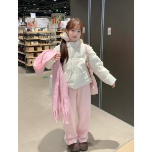 กางเกงขายาวทรงตรงเอวสูงผ้าฝ้ายผสมกำมะหยี่สีชมพูสำหรับผู้หญิง กางเกงขายาวทรงหลวมสบาย ๆ ฤดูใบไม้ผลิและฤดูใบไม้ร่วง กางเกงขายาวทรงสลิมฟิตสำหรับผู้หญิง