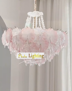 Modern Pink Gradient Ginkgo Leaf Glass Chandelier Luxury Floral Crystal Pendant Light Gold Frame Hanging Lamp Minimalist Ceiling Light for Bedroom Sala Makeup Vanity Condo Home Decor Lustre