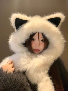 -3 Point%-Plush Fox Ears Scarf Hat Integrated Cold-Proof Heattech Neck Protection Ushanka