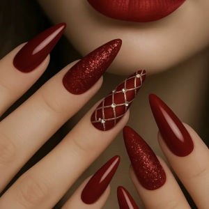 Medium Long Fake Nails for Women Girl Sparkling Glitter Red Nail Tips for New Year Party Almond Square Shape Press On False Nail