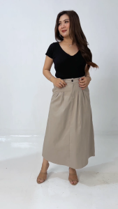 Rok Wanita IF - Molina Panjang Kain Katun Twill Combed Tebal Premium Korean Style Kekinian Kuliah Kerja Kantor Hitam Abu Moca Ivory Krem Bawahan Cewek Casual Pinggang Karet Sabuk gasper rempel Skirt A line
