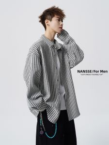 NANSSE | American Fishbone Pattern Long Sleeve Loose Casual Mens Shirt