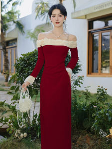 Elegant Red French One-Shoulder Dress Slimming Waistline for Engagement Ceremony Formal Occasions A-Line Ball Gown