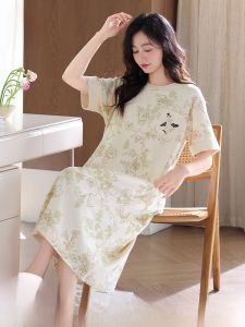 Miiow | Pure Cotton Short Sleeve Midi Dress Womens Summer Thin Home Clothes Cat Person New 2025 Sleepwear Comfortable Breathable