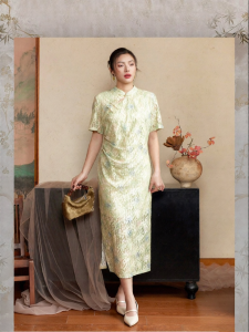 Neo-Chinese Style Heavy Lace Printed Stand Collar Hollow Out Oblique Placket Qipao Dress