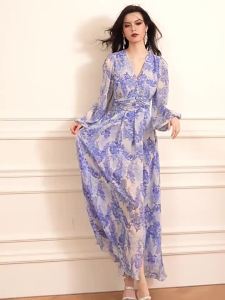 Cloud-like Mousse Romantic French Holiday Style Blue Long Dress