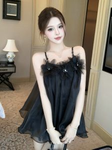 GUZILIAN | French Elegant Floral Lace Trim Off Shoulder Loose Tank Dress Women Summer Unique仙气飘飘 Top Blouse Style Casual Outfit