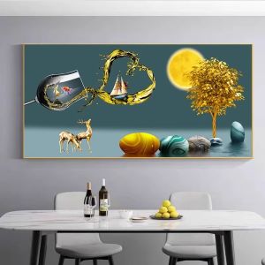 Modern Simplified Chinese Style Restaurant Dining Hall Artwork High End Wall Painting Dinner Table Background Nine Fish Attraction Picture
