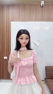 Set 2 Món Màu Hồng BaBy Gồm Áo Trễ Vai Bèo Tay Bồng Đính Nơ Nhún Eo + Chân Váy Bí Phồng Có Quần Trong Chất Liệu Thô Hàn