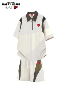 CHARLES JANGS HAPPY HEART | Heart Pattern Contrast Collar Polo Shirt & Shorts Set