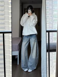 High Waist Wide Leg Jeans Womens Loose Fit Floor Length Washed Denim Pants Spring Autumn Design Casual Low Waist Zipper