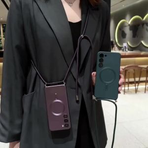 Luxury Crossbody Lanyard Strap Magnetic Case for Samsung Galaxy S26FE A57 A37 A27 A17 A07 S25Edge for Magsafe Silicone Soft Cove