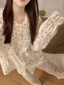 Mùa Thu Mùa Đông Kẻ Caro Đồ Ngủ Nữ Dễ Thương Tay Dài Bằng Ren Thoải Mái Bộ Quần Áo Gia Đình Cotton Vải Bông Polyester Quần Áo Gia Đình Phong Cách Trẻ Trung