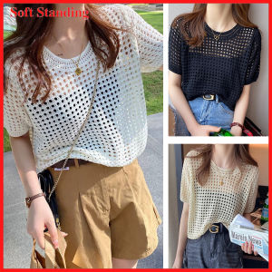 Hollow Top Women Short Sleeve Knitted T- Shirt Summer Loose Round Neck Blouse Women New Style 2025