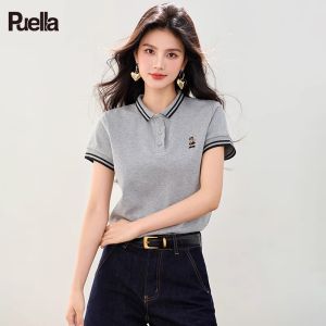 puella | Simplicity Embroidery Grey Polo Neck Versatile Short Sleeve T-Shirts