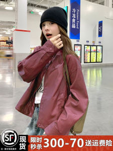 Anclark Red Short เสื้อแจ็คเก็ตหนัง ผู้หญิง ฤดูใบไม้ผลิ ฤดูใบไม้ร่วง 2024 New American Retro ความรู้สึกหรูหรา แขนกุด ซิป สตรีทสไตล์