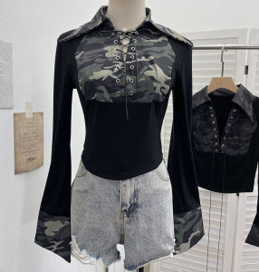 American Style Slim Fit Long Sleeve T-Shirt with Polo Collar And Bell Sleeves Casual Short Length Pullover Shirt in Camouflage Pattern