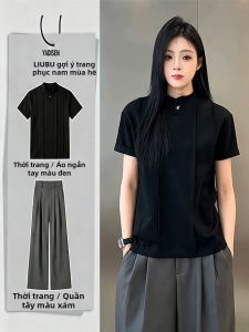 LIUBU | Bộ Quần Áo Nam Mùa Hè Phong Cách Retro Áo Sơ Mi Cổ Henley và Quần Ống Rộng
