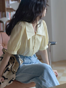 เสื้อเชิ้ตแขนพองผ้าซาตินสีขาวสำหรับผู้หญิง ดีไซน์หรูหรา สไตล์ฝรั่งเศส ไซส์เล็ก เสื้อสีเหลือง แขนยาว ปกปิดไหล่ ฤดูร้อน 2022