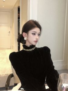 Korean High Collar Velvet Shirt Gold Sequin Womens Fashion Autumn Winter Top French Style Stand Collar Lantern Sleeve Wool Blend