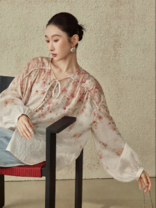 SUSHE | Digital Print Rose Bishop Sleeve French Country Style Pink Blouse