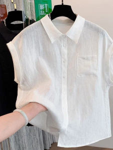 เสื้อเชิ้ตคอโปโลแขนสั้นผ้าฝ้ายลินินบางๆ สำหรับผู้หญิง ฤดูร้อน 2025 ทรงหลวม ระบายอากาศได้ดี สไตล์เรียบง่าย
