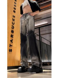 Retro Patchwork Mens Jeans Slim Straight American High Street Vibe Micro Flared Pants Youthful Trend Cotton Polyester Blend