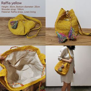 DaVee Handmade Crochet Raffia Bucket Bag Tote Bag Shopping Bag Beach Bag with colorful zigzag pattern drawstring closure and brown pom-poms.